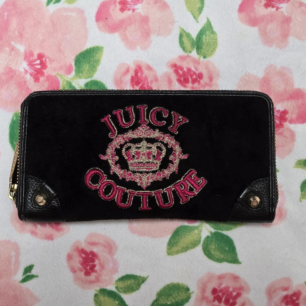 Juicy Couture Black Wallet with Pink Embroidered Crest